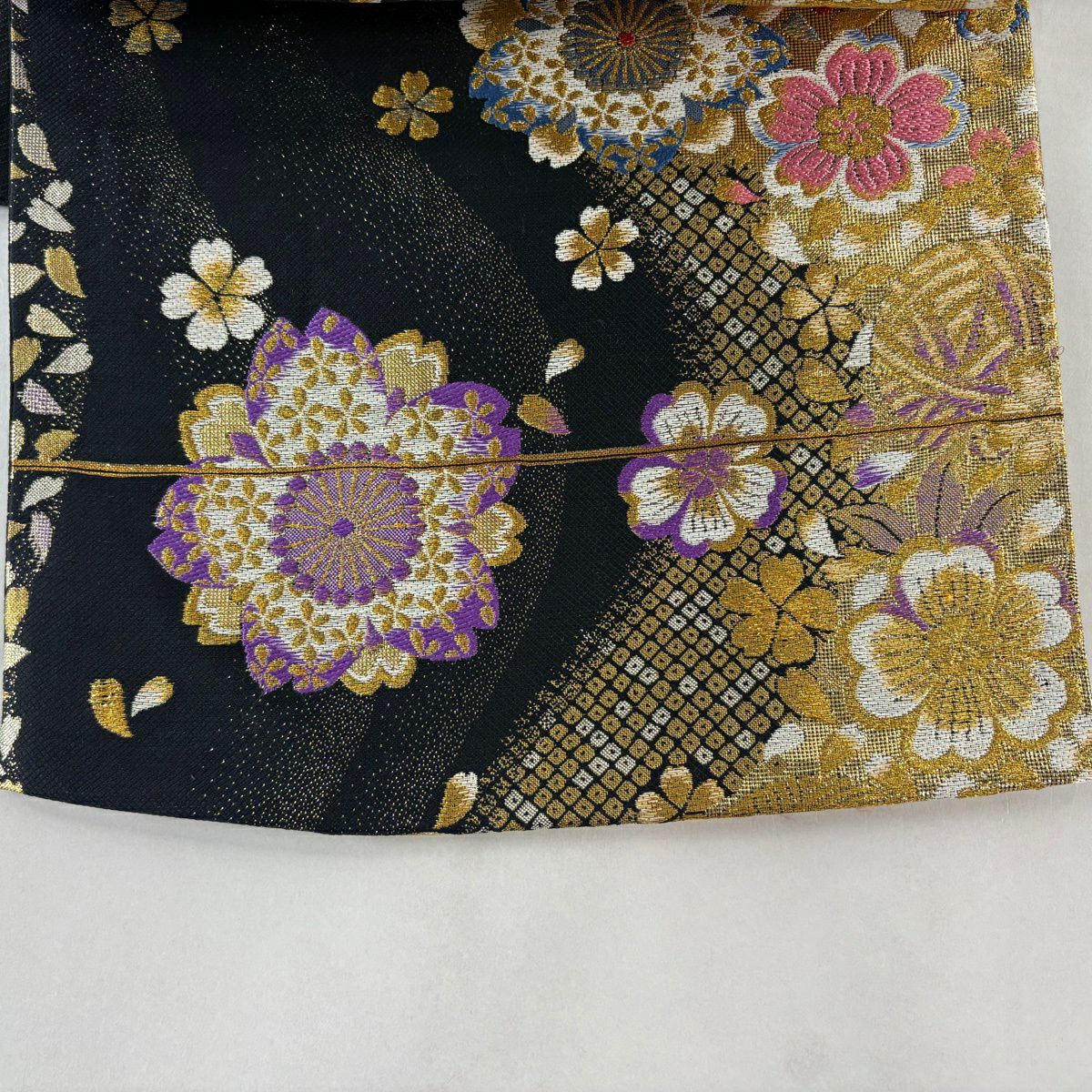 袋帶 秀品級 振袖禮服禮服用 櫻花 櫻花花瓣 金絲 金金箔 黑 六通 純蠶絲