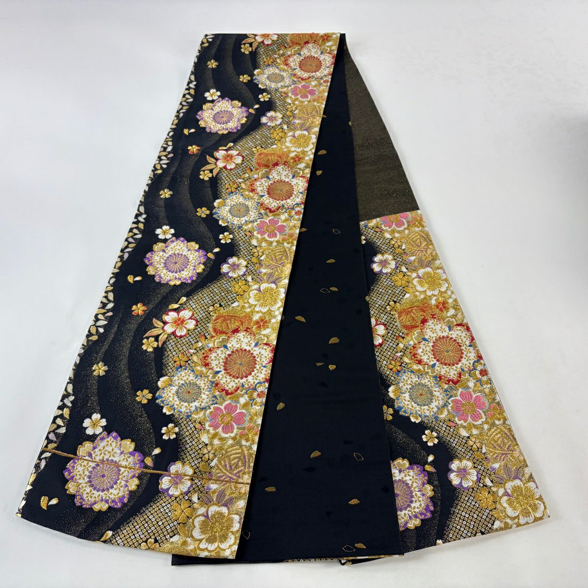 袋帶 秀品級 振袖禮服禮服用 櫻花 櫻花花瓣 金絲 金金箔 黑 六通 純蠶絲