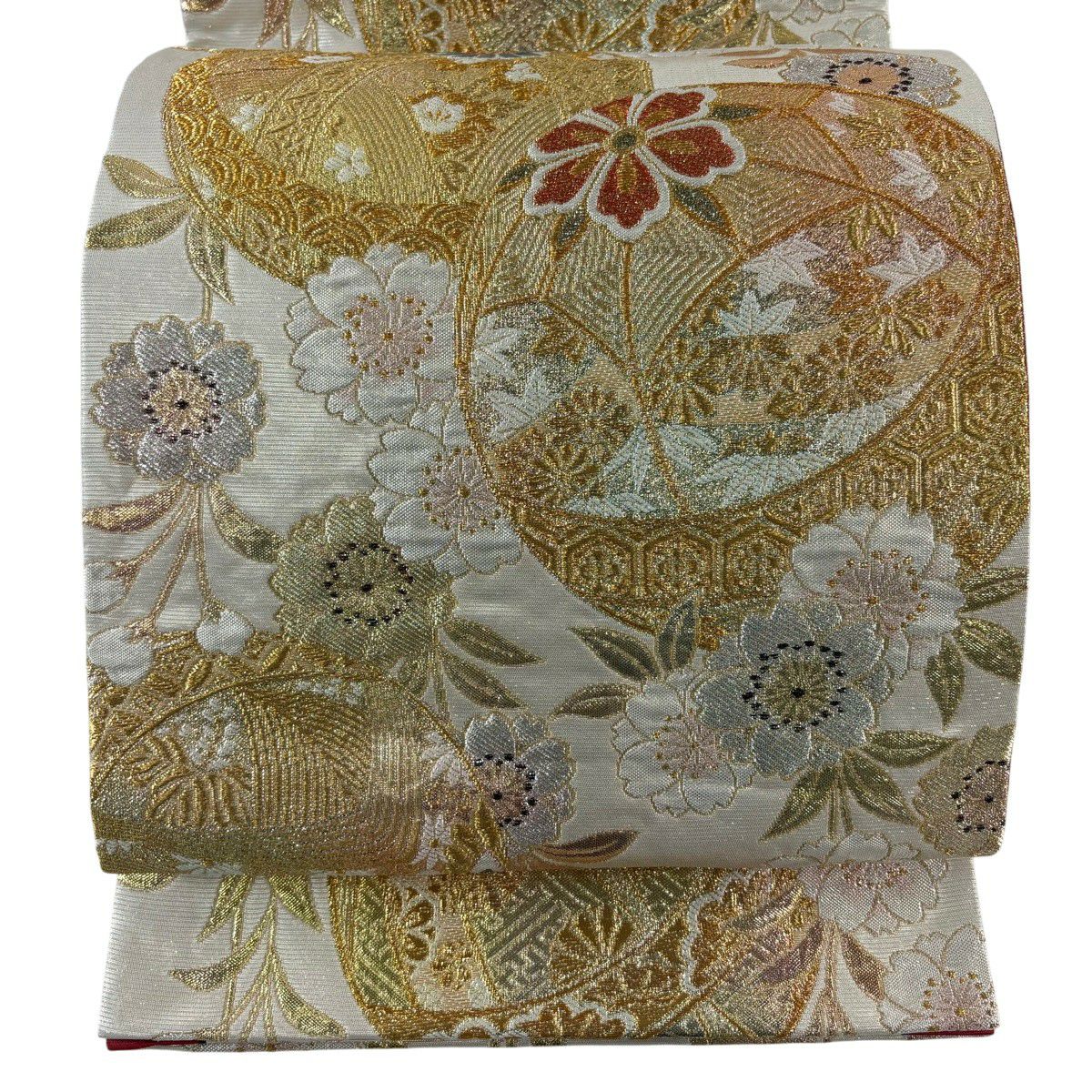 【美品】 袋帶 秀品級 振袖禮服禮服用 手毬 垂枝櫻 金銀彩 金金箔 米色 六通 純蠶絲