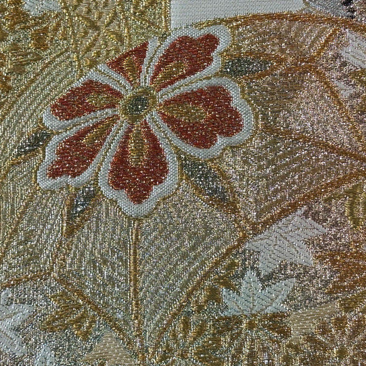 【美品】 袋帶 秀品級 振袖禮服禮服用 手毬 垂枝櫻 金銀彩 金金箔 米色 六通 純蠶絲