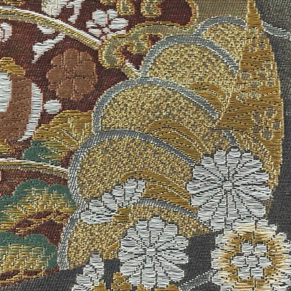 【美品】 袋帶 秀品級 御所車 寶物滿載 金銀絲 金金箔 銀色 六通 純蠶絲