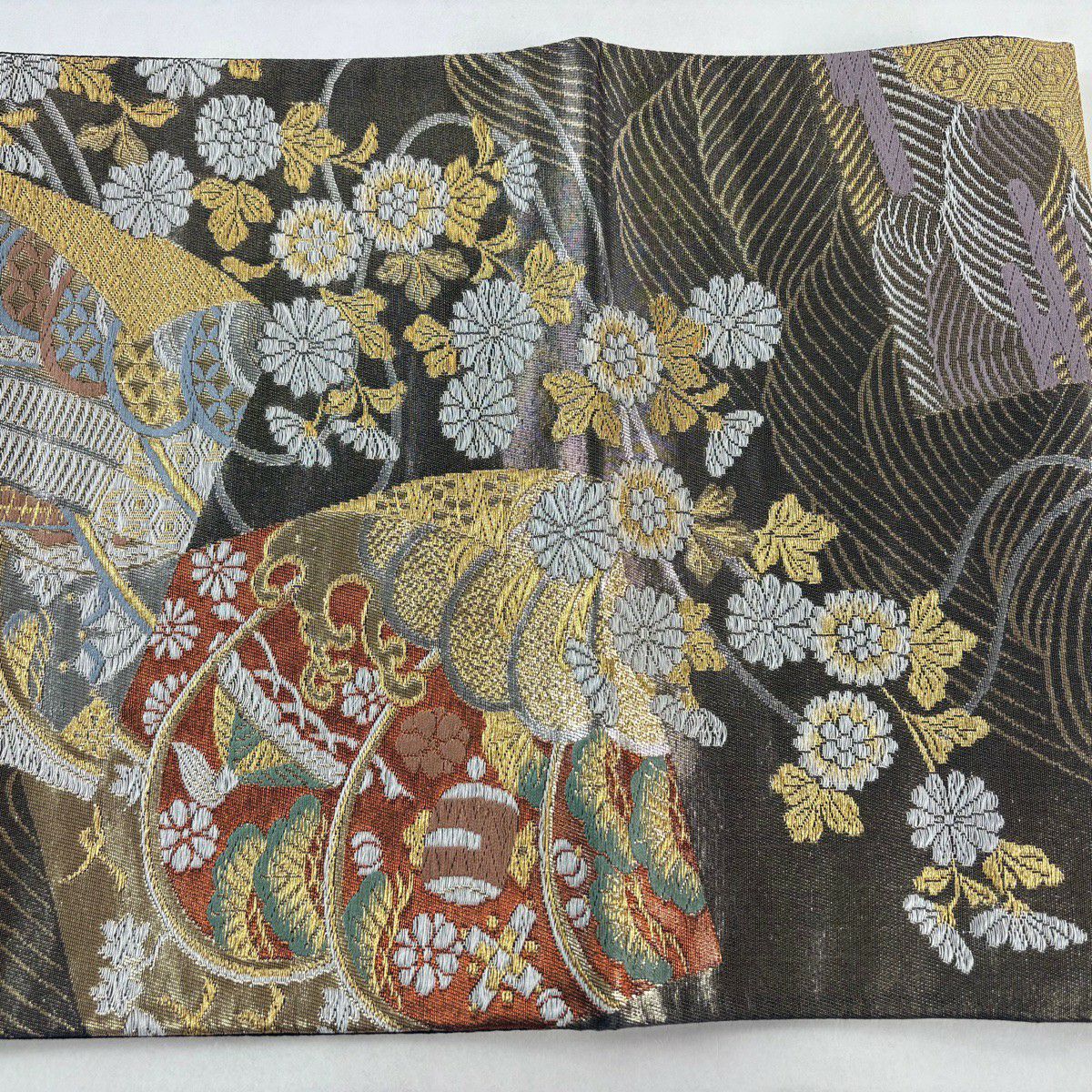 【美品】 袋帶 秀品級 御所車 寶物滿載 金銀絲 金金箔 銀色 六通 純蠶絲