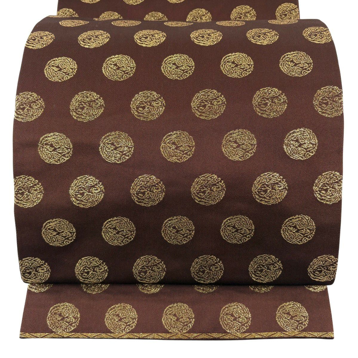 【美品】 袋帶 秀品級 關西仕立 鳥 圓文 金金箔 茶 全通 純蠶絲