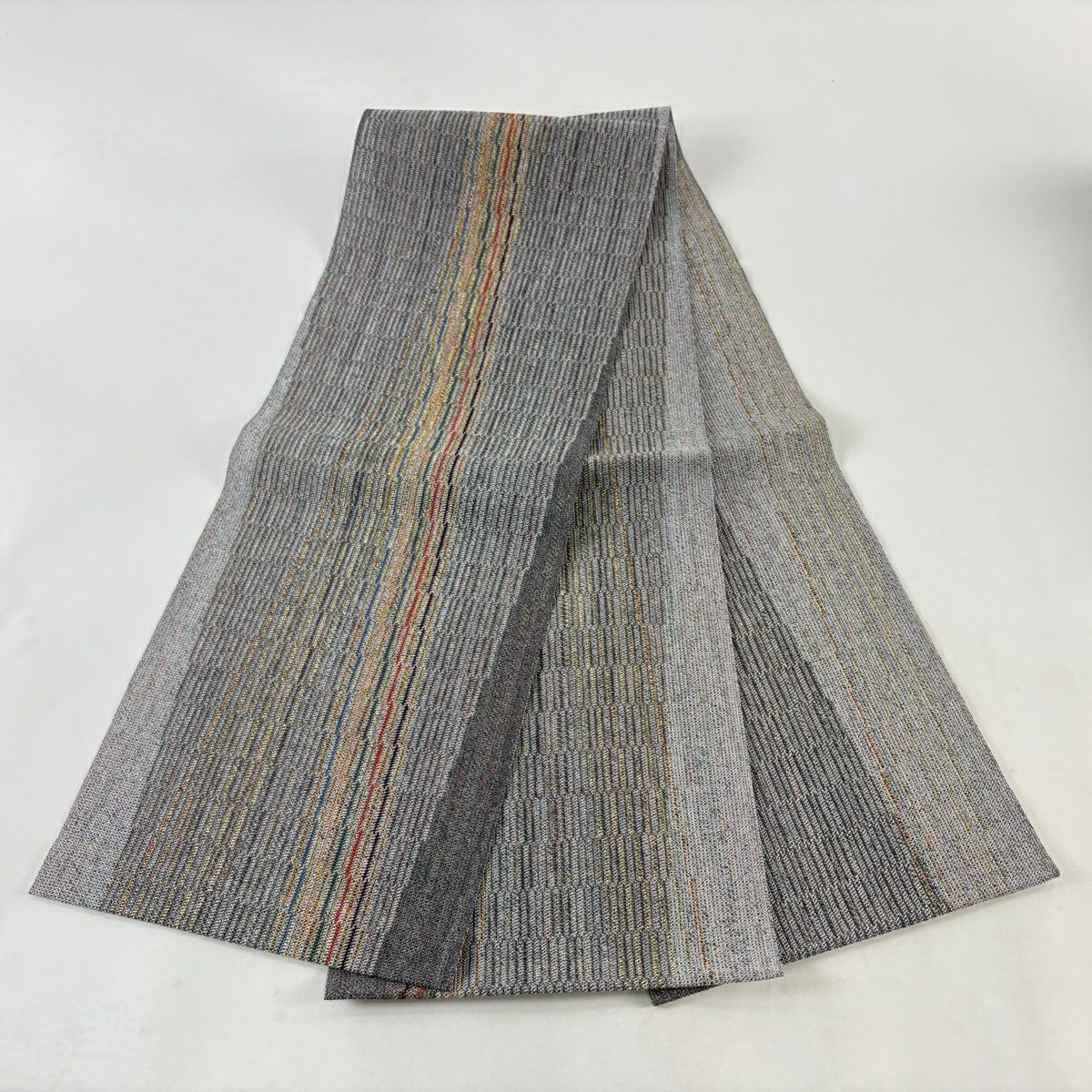 【美品】 名古屋帶 優品級 八寸名古屋帶 夏帶 條紋 金銀彩 灰紫 純蠶絲