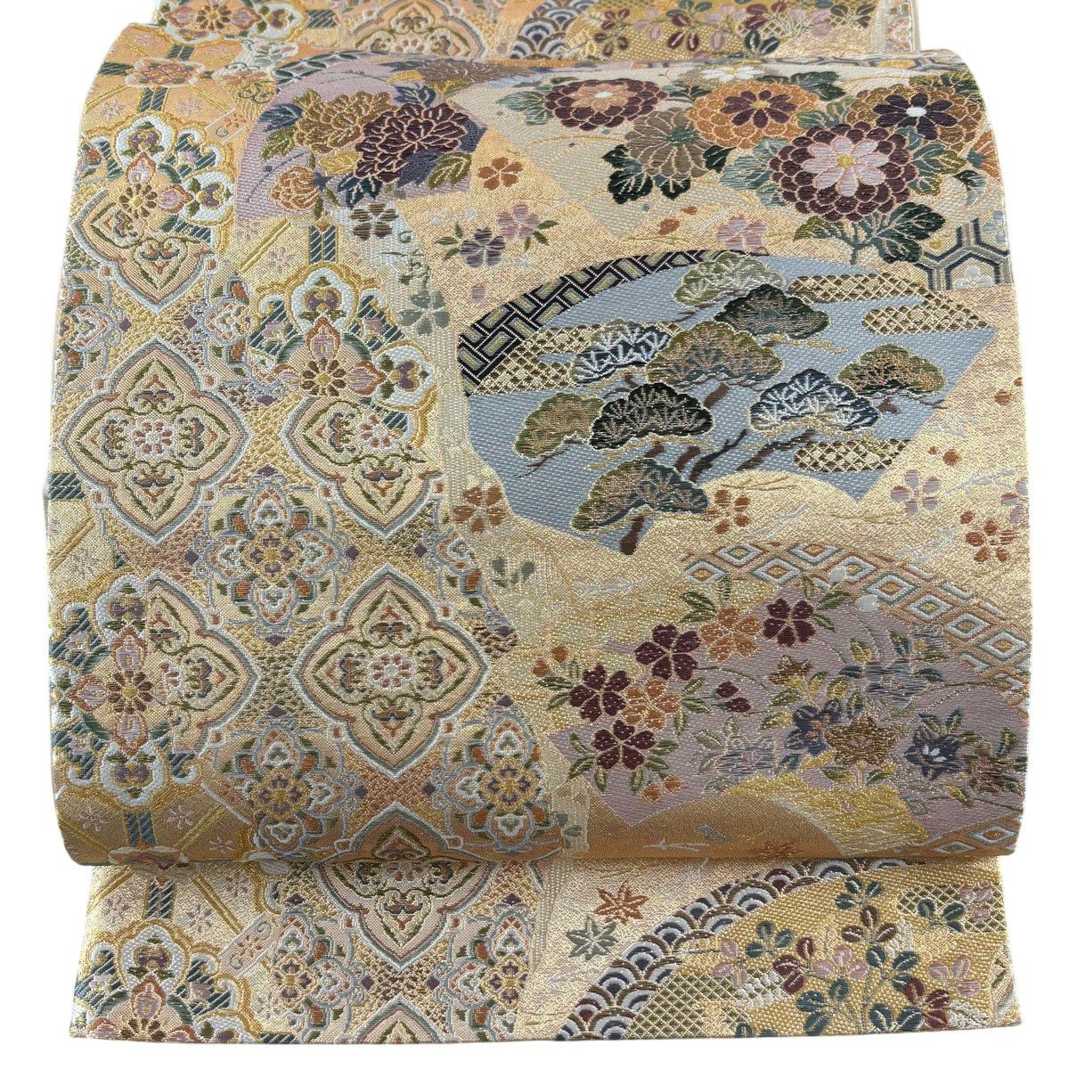 【美品】 袋帶 秀品級 華紋 草花紋 金絲 金金箔 金色 六通 純蠶絲
