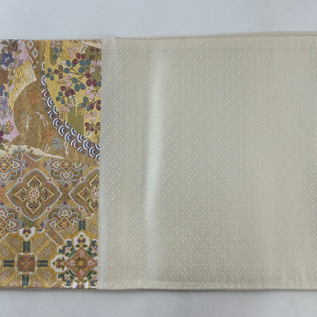 【美品】 袋帶 秀品級 華紋 草花紋 金絲 金金箔 金色 六通 純蠶絲