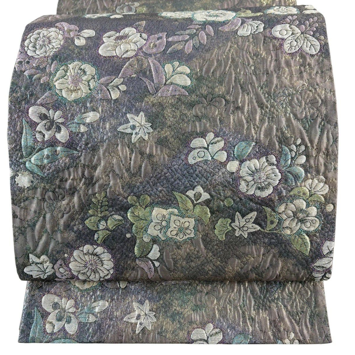 【美品】 袋帶 秀品級 大和 草花紋紋 金金箔 灰紫 六通 純蠶絲
