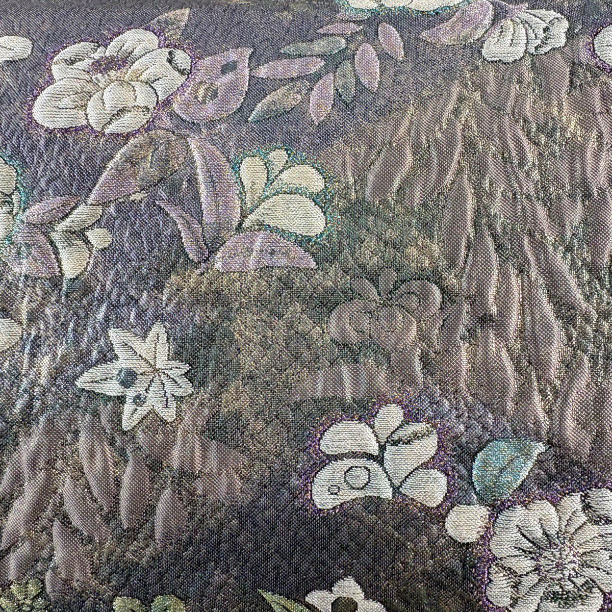 【美品】 袋帶 秀品級 大和 草花紋紋 金金箔 灰紫 六通 純蠶絲
