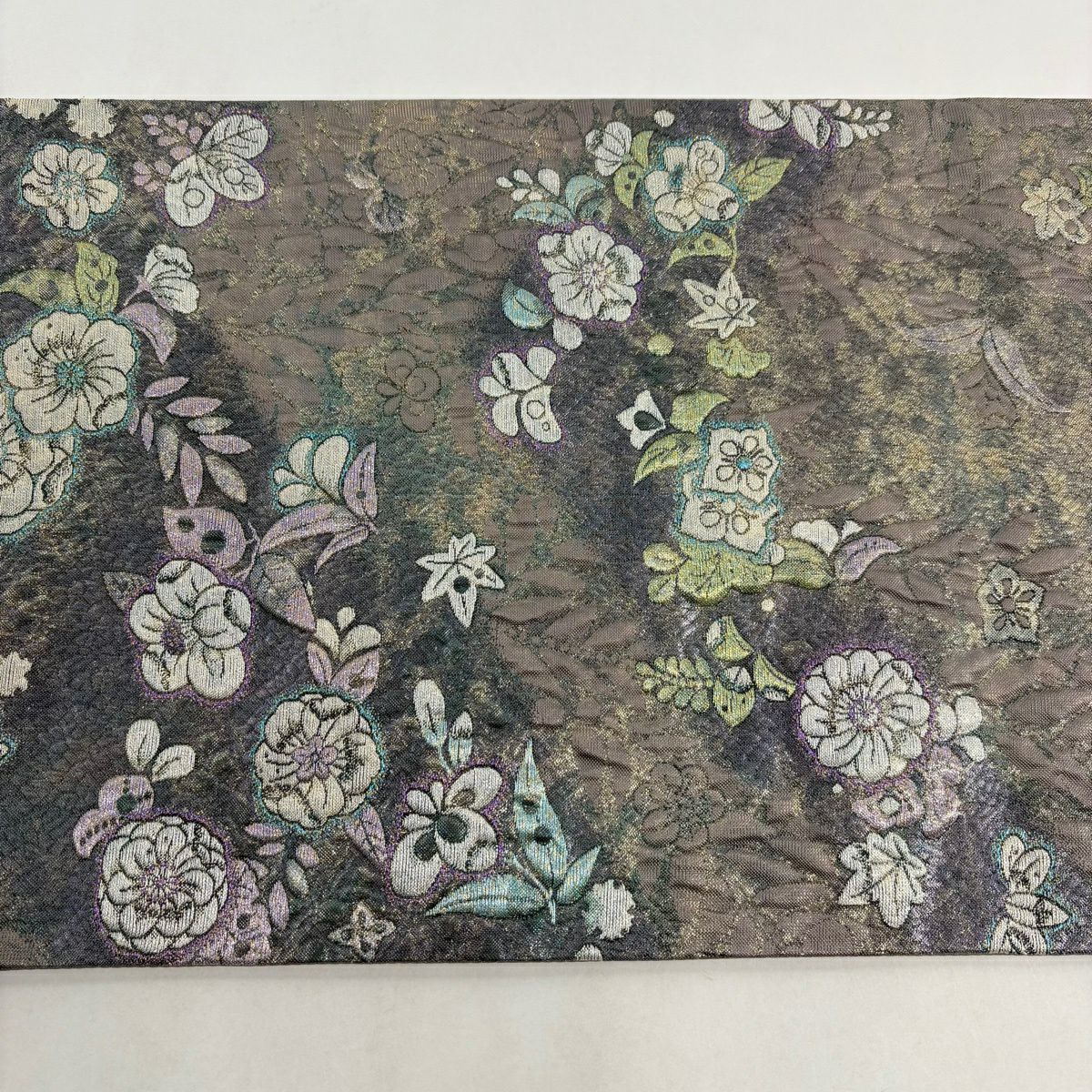 【美品】 袋帶 秀品級 大和 草花紋紋 金金箔 灰紫 六通 純蠶絲