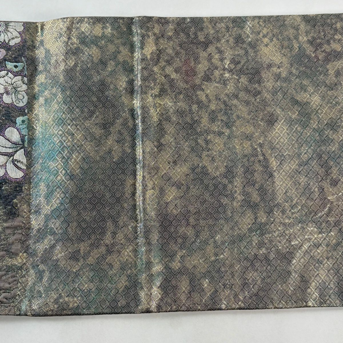 【美品】 袋帶 秀品級 大和 草花紋紋 金金箔 灰紫 六通 純蠶絲