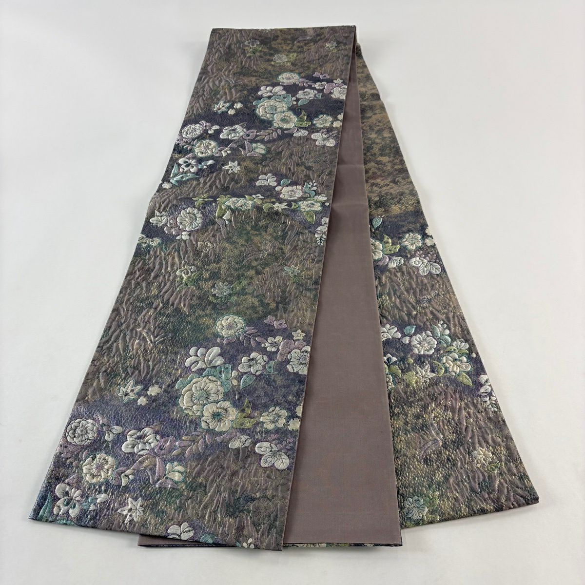 【美品】 袋帶 秀品級 大和 草花紋紋 金金箔 灰紫 六通 純蠶絲