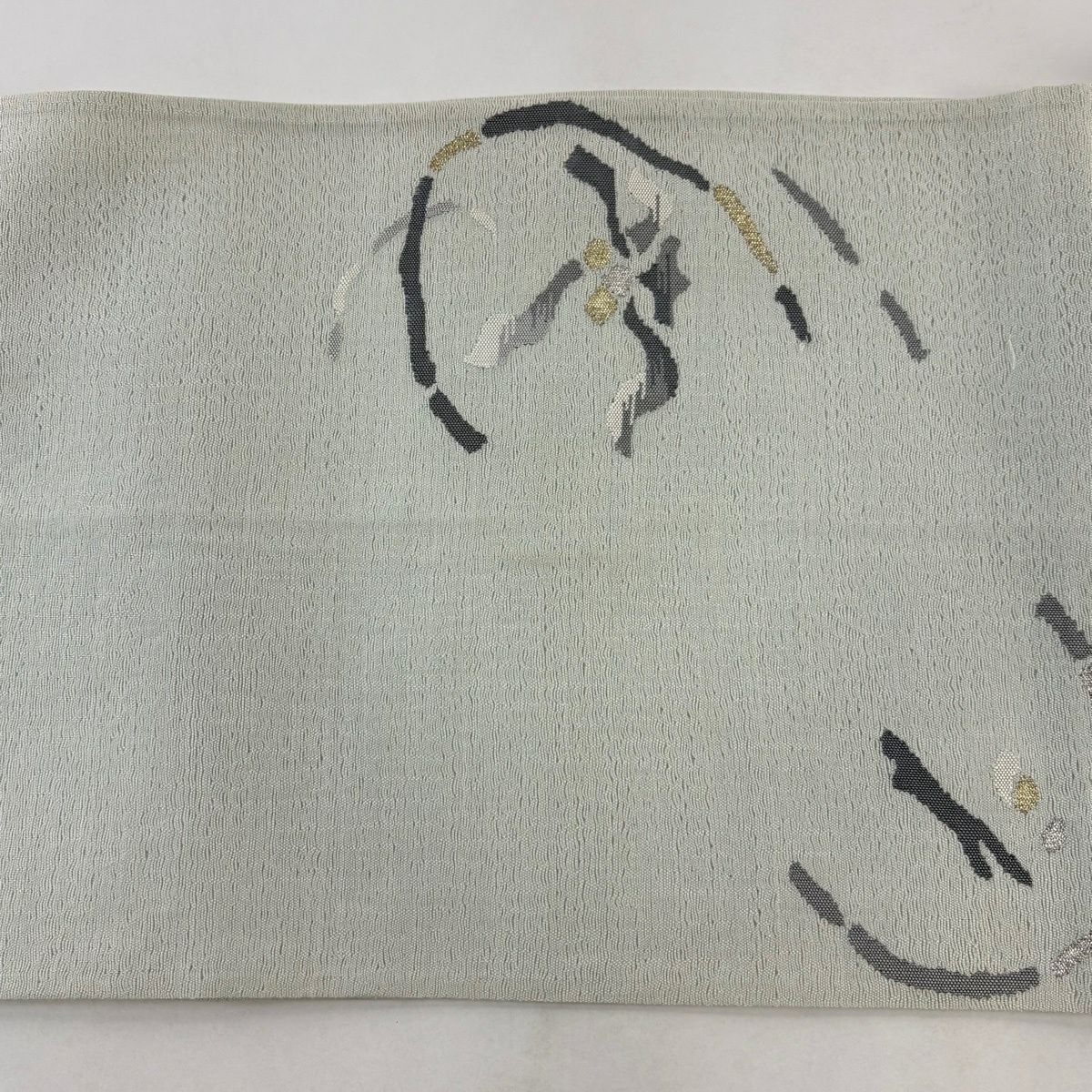 袋帶 優品級 夏帶 草花紋紋 幾何學 金銀絲 淺綠色 大鼓圖案 純蠶絲