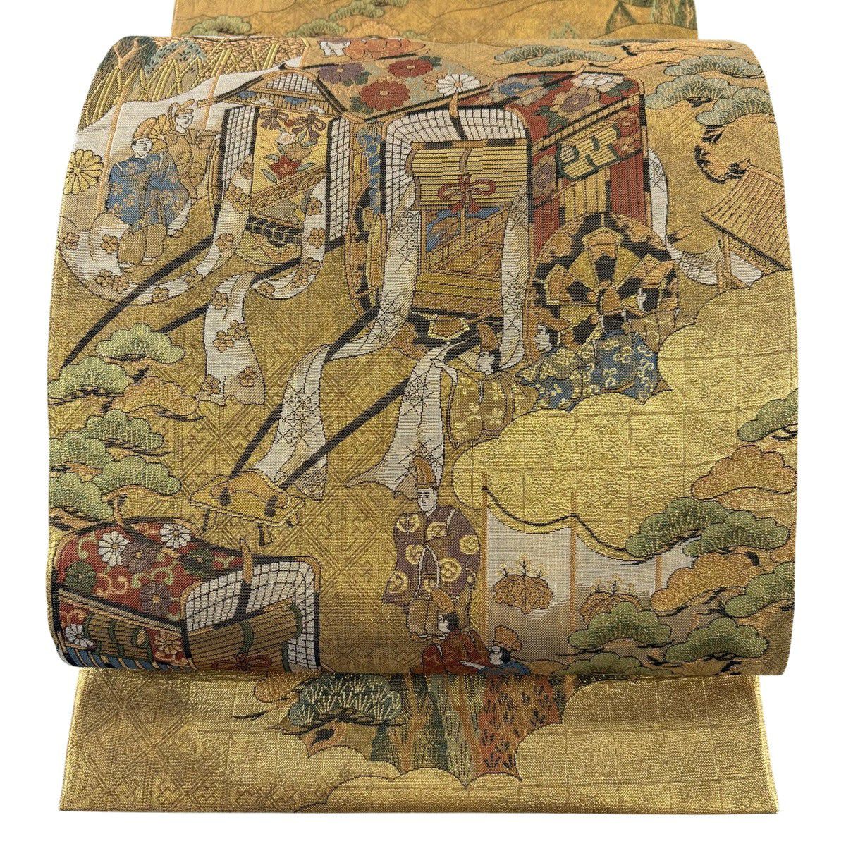 【美品】 袋帶 秀品級 御所車 人物 金金箔 金色 大鼓圖案 純蠶絲