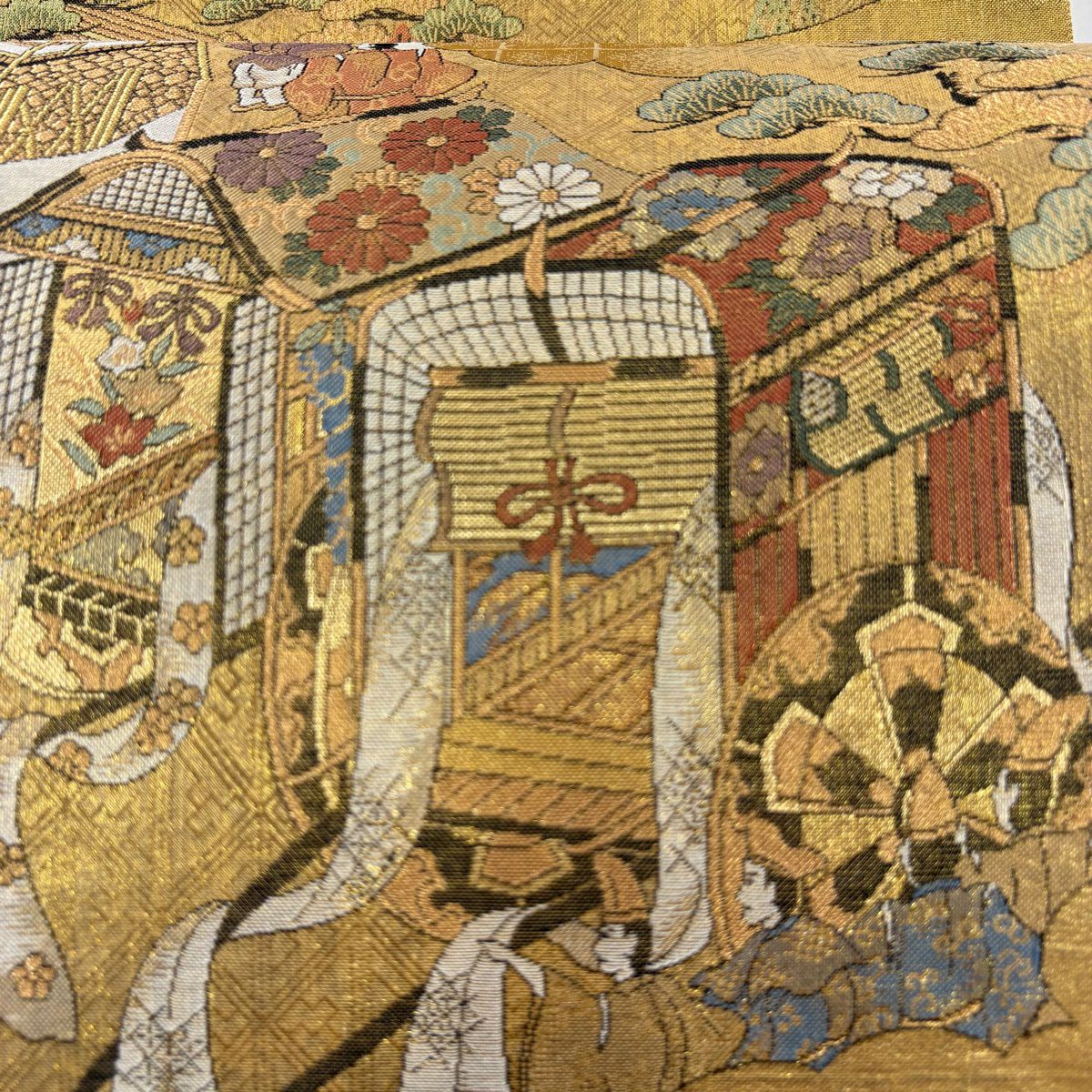 【美品】 袋帶 秀品級 御所車 人物 金金箔 金色 大鼓圖案 純蠶絲