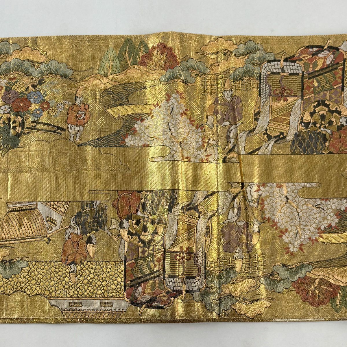 【美品】 袋帶 秀品級 御所車 人物 金金箔 金色 大鼓圖案 純蠶絲