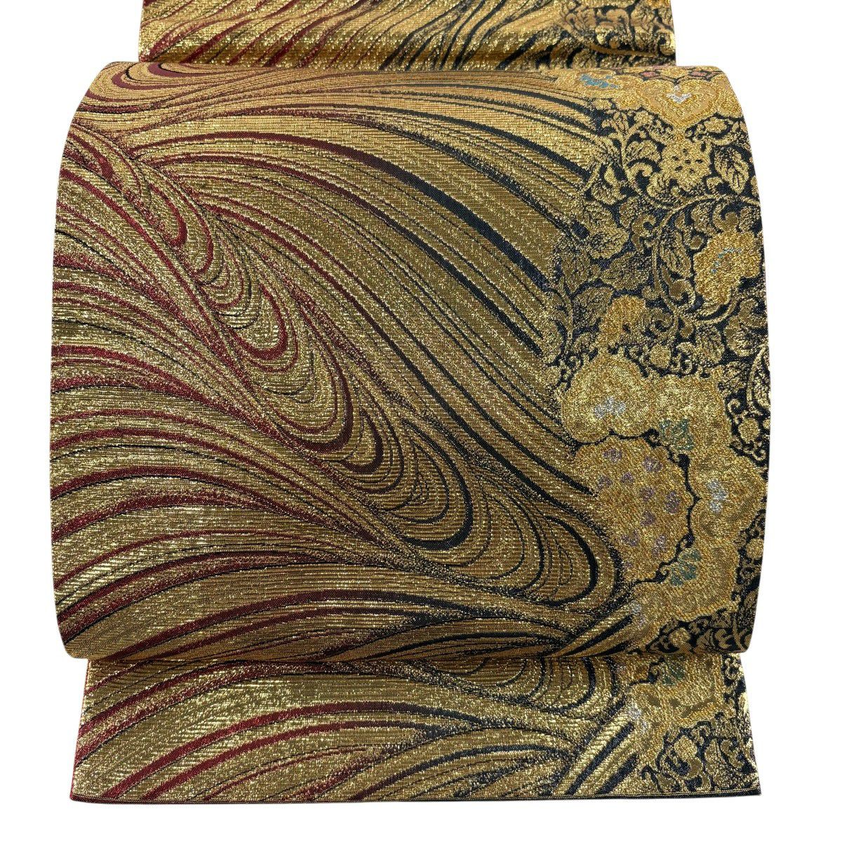 【美品】 袋帶 秀品級 華紋 流水 金金箔 金絲 金色 全通 純蠶絲