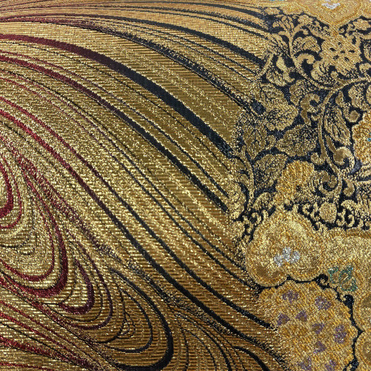 【美品】 袋帶 秀品級 華紋 流水 金金箔 金絲 金色 全通 純蠶絲