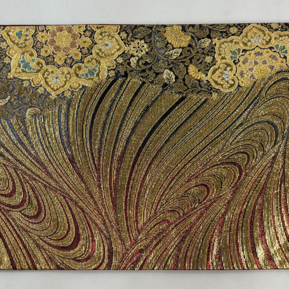 【美品】 袋帶 秀品級 華紋 流水 金金箔 金絲 金色 全通 純蠶絲