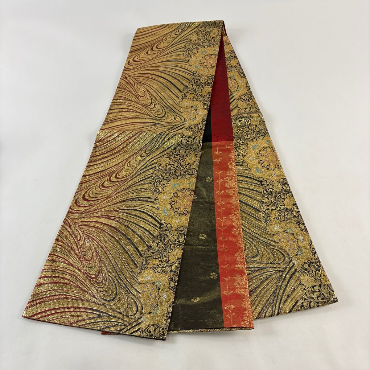 【美品】 袋帶 秀品級 華紋 流水 金金箔 金絲 金色 全通 純蠶絲