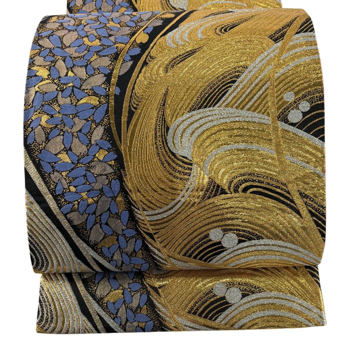 【美品】 袋帶 秀品級 振袖禮服禮服用 波 櫻花花瓣 金銀線 金金箔 黑 六通 純蠶絲