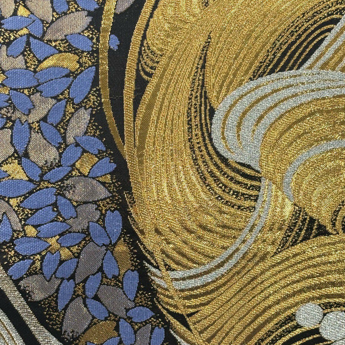 【美品】 袋帶 秀品級 振袖禮服禮服用 波 櫻花花瓣 金銀線 金金箔 黑 六通 純蠶絲