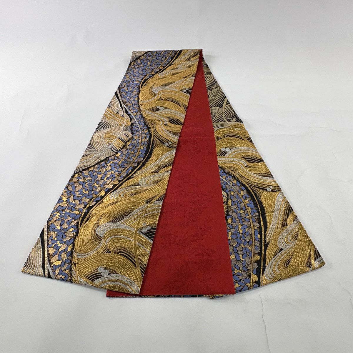 【美品】 袋帶 秀品級 振袖禮服禮服用 波 櫻花花瓣 金銀線 金金箔 黑 六通 純蠶絲