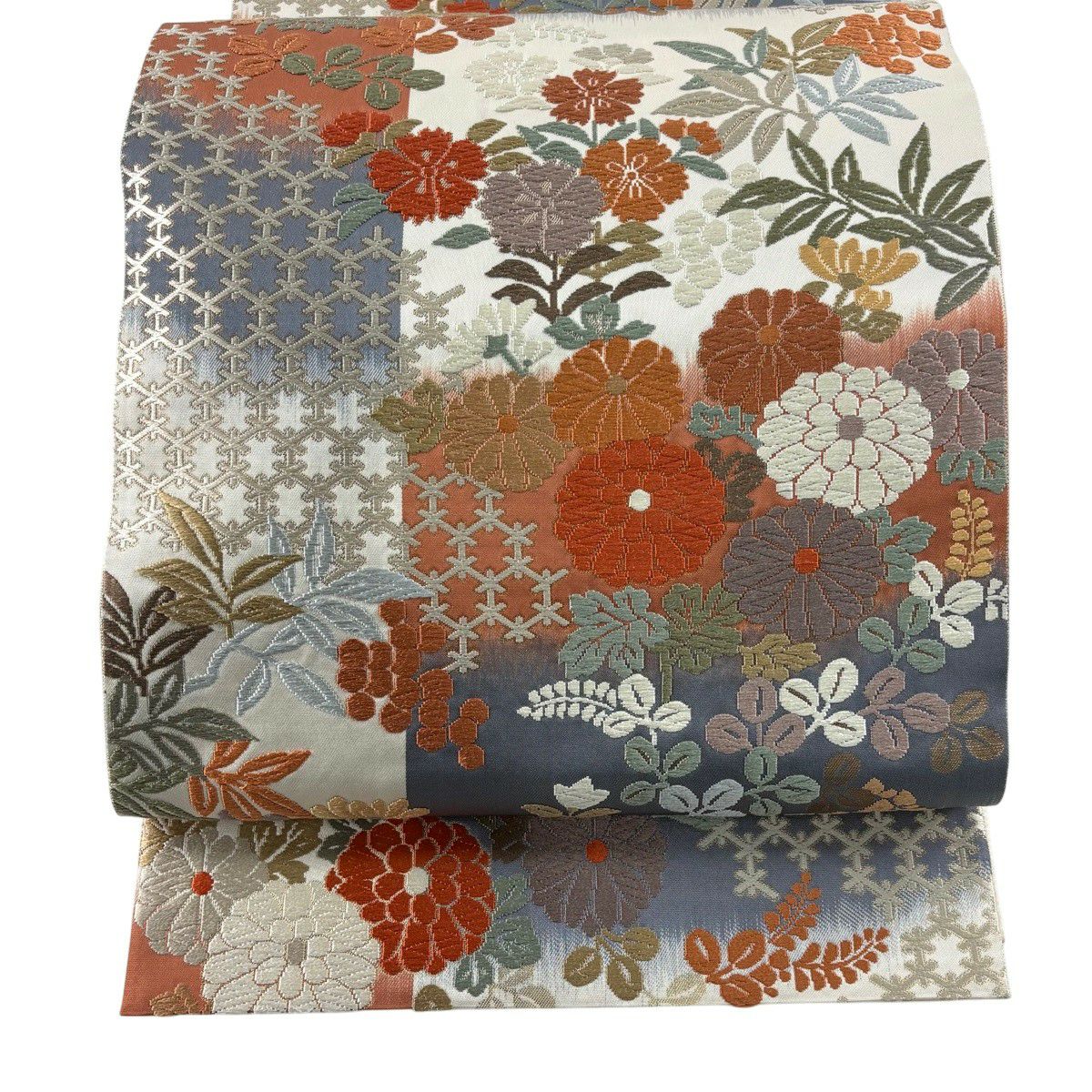 【美品】 袋帶 秀品級 秋草 龜甲 唐織 金絲 奶油 六通 純蠶絲