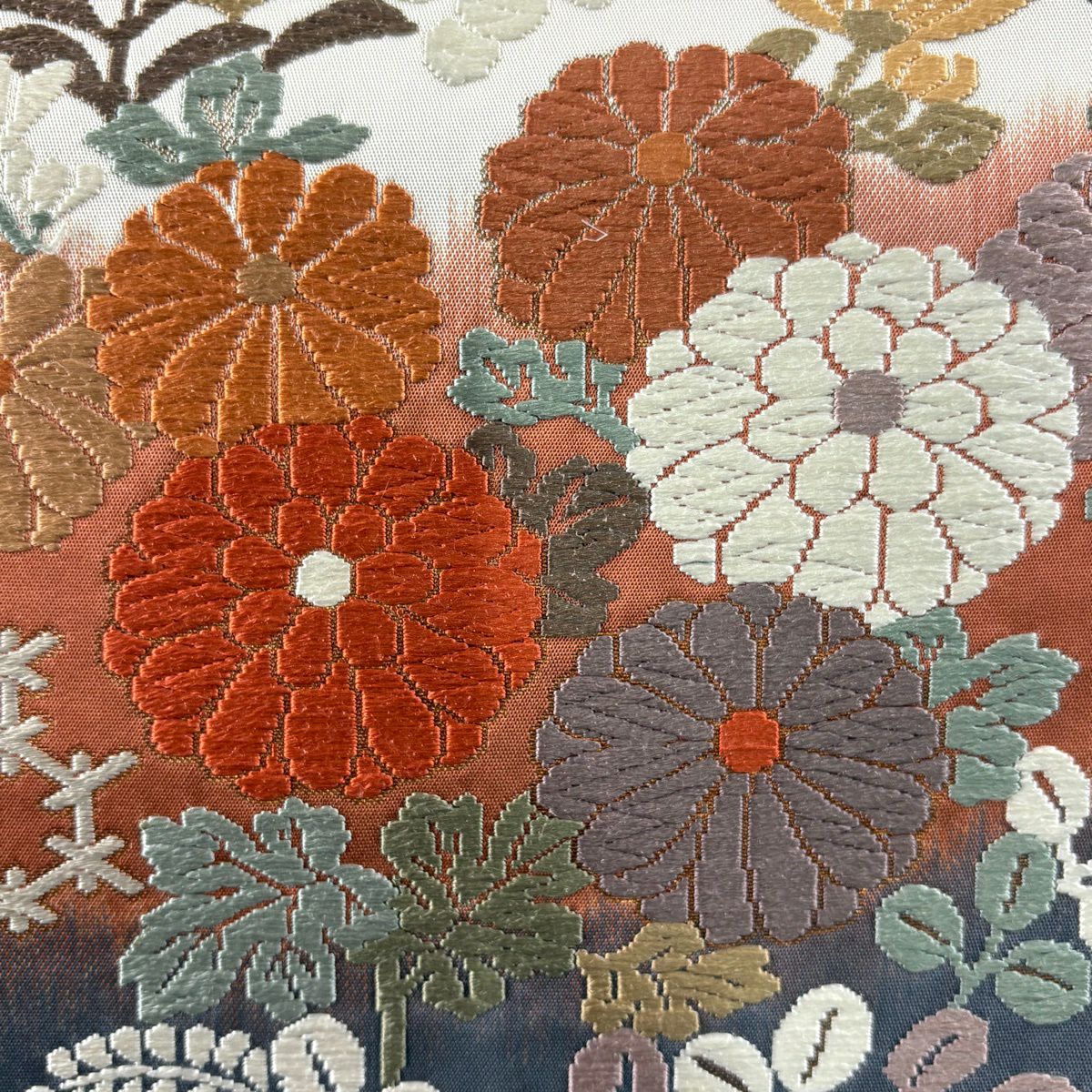 【美品】 袋帶 秀品級 秋草 龜甲 唐織 金絲 奶油 六通 純蠶絲