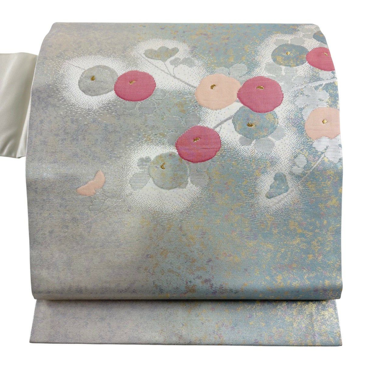 【美品】 名古屋帶 秀品級 萬壽菊花 金絲 金金箔 淺綠 純蠶絲