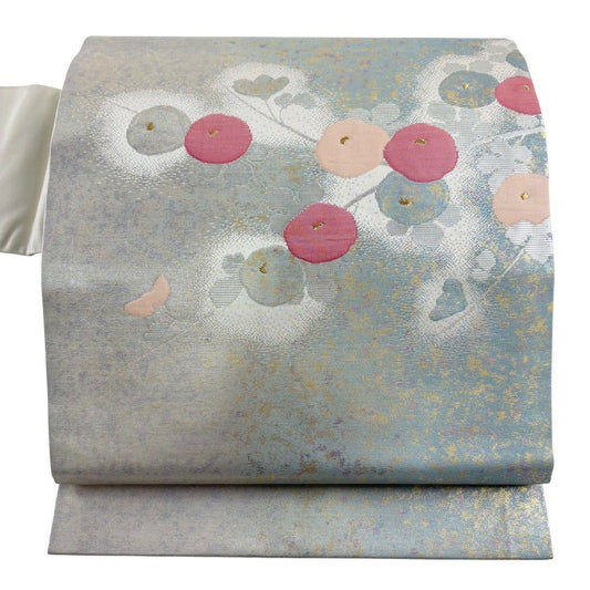 【美品】 名古屋帶 秀品級 萬壽菊花 金絲 金金箔 淺綠 純蠶絲