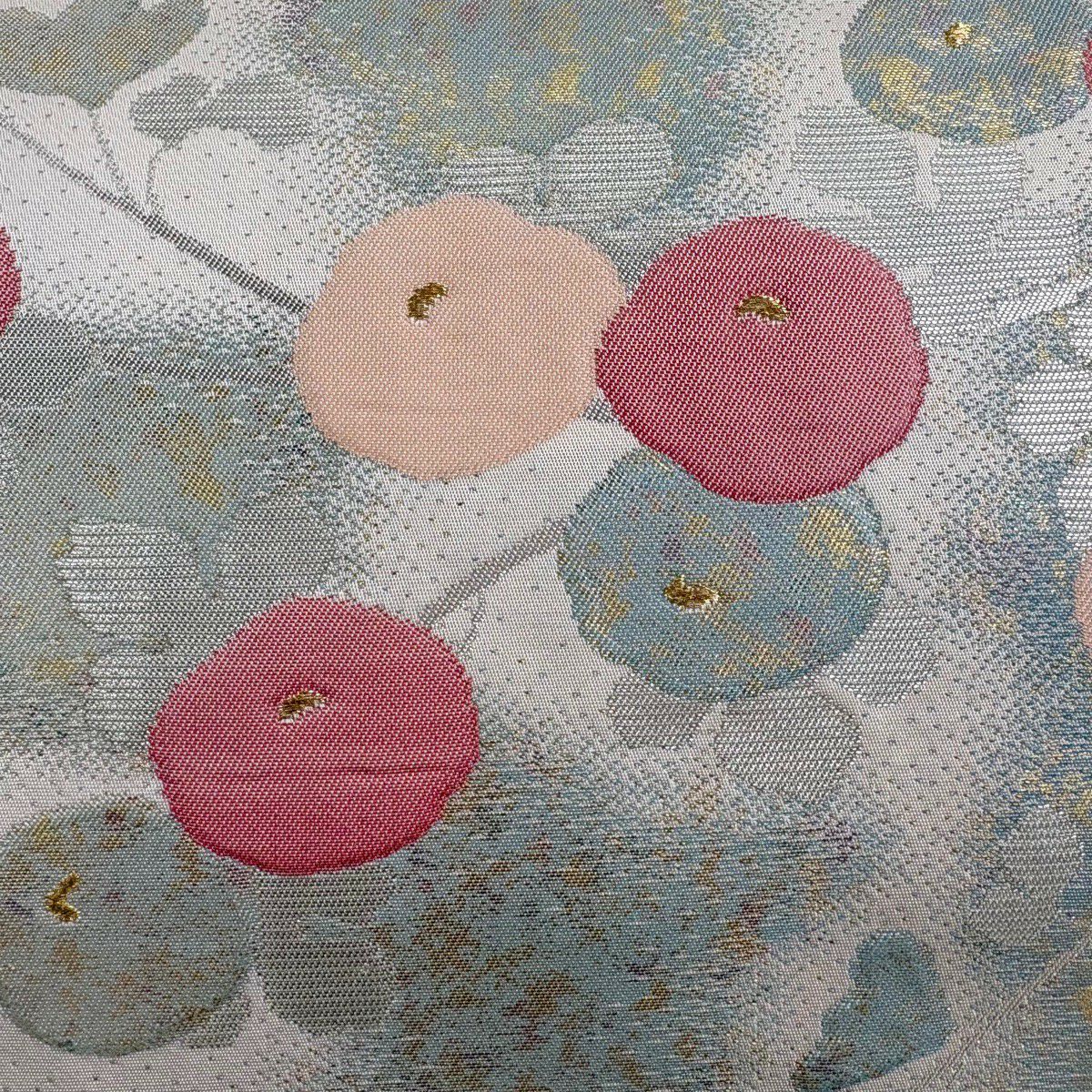 【美品】 名古屋帶 秀品級 萬壽菊花 金絲 金金箔 淺綠 純蠶絲