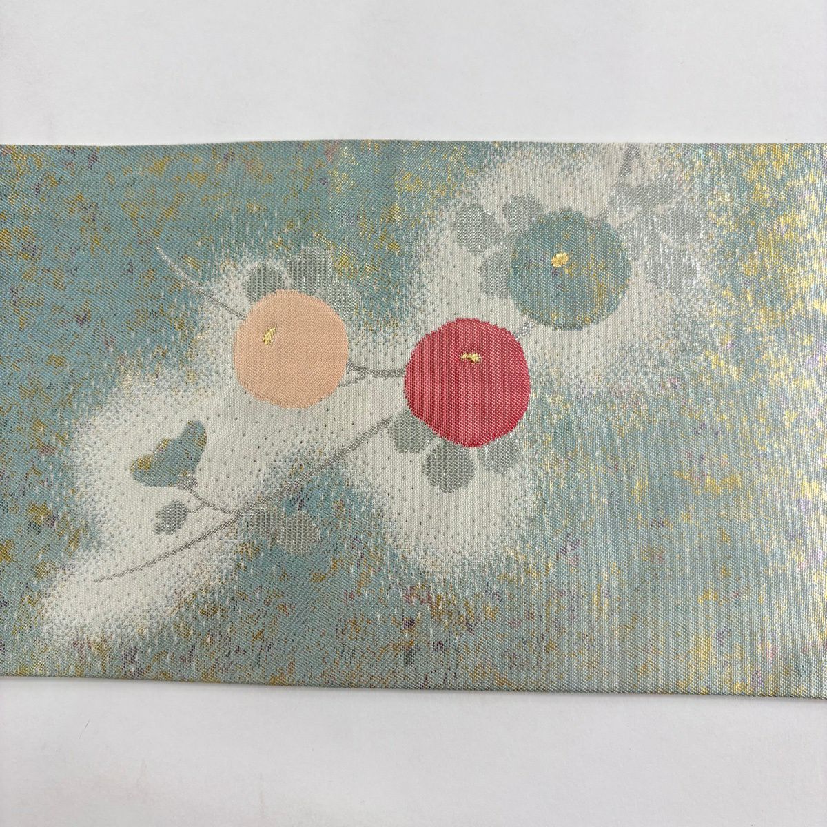 【美品】 名古屋帶 秀品級 萬壽菊花 金絲 金金箔 淺綠 純蠶絲