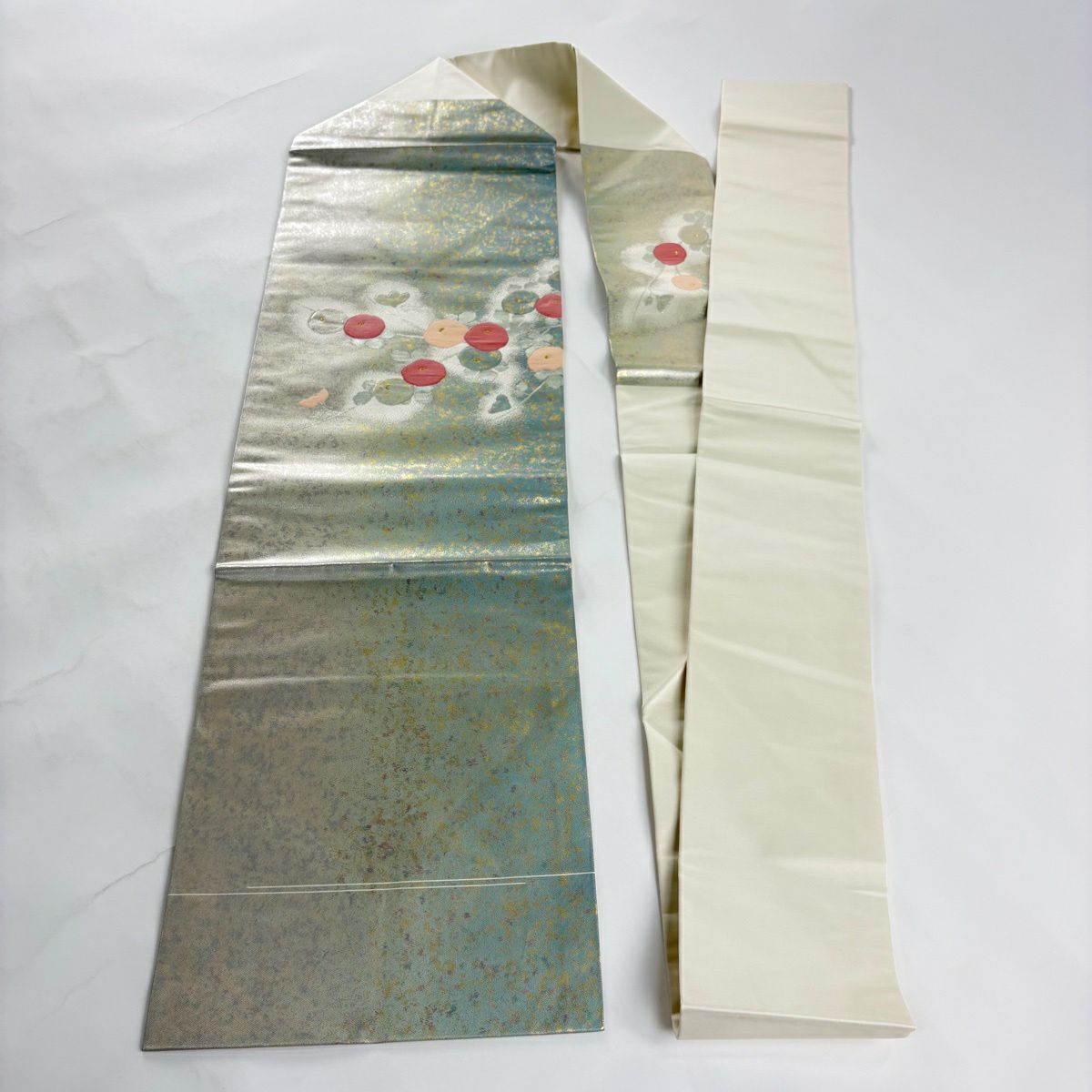 【美品】 名古屋帶 秀品級 萬壽菊花 金絲 金金箔 淺綠 純蠶絲