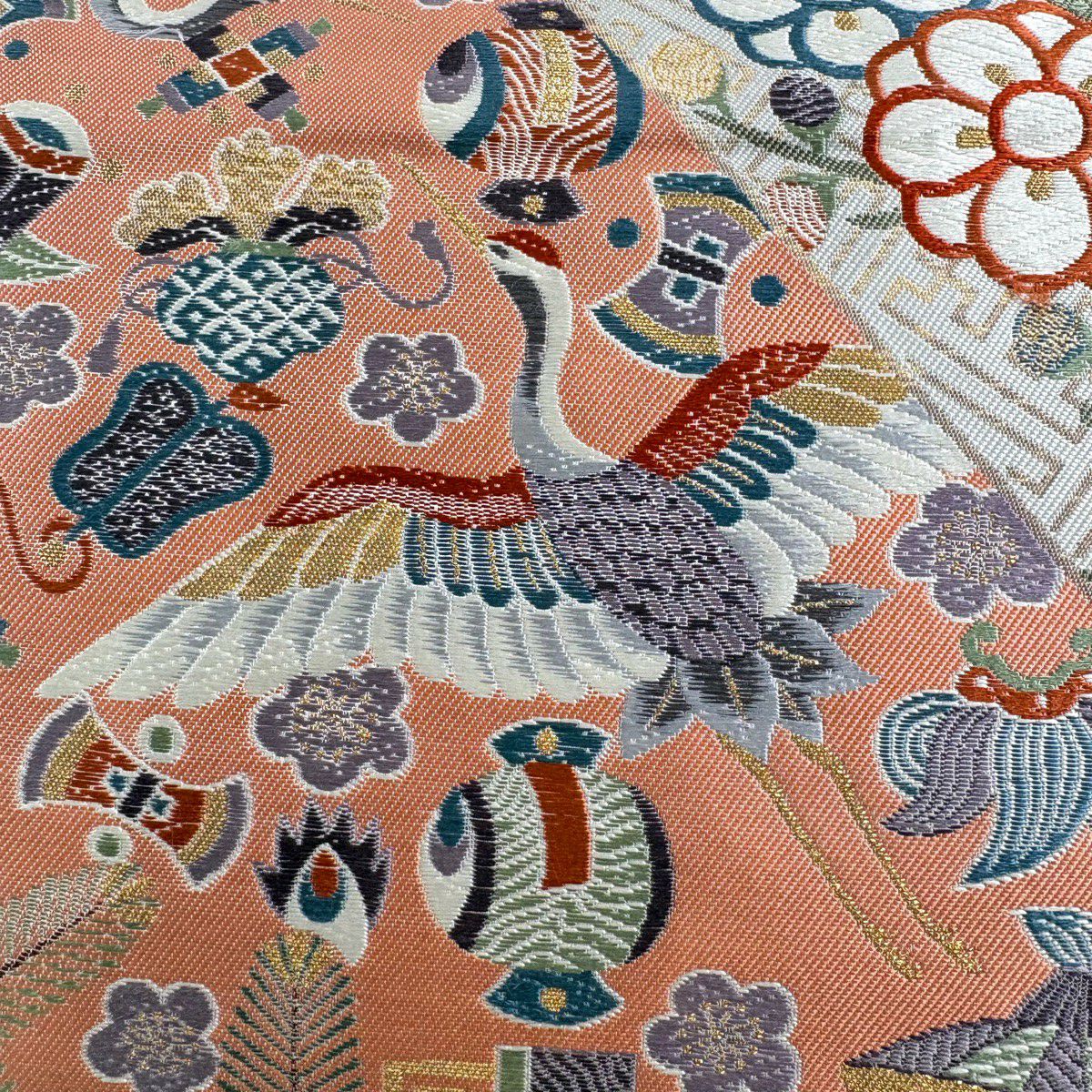 袋帶 秀品級 慶長裂型文 寶盡くし 金絲 金金箔 米色 六通 純蠶絲