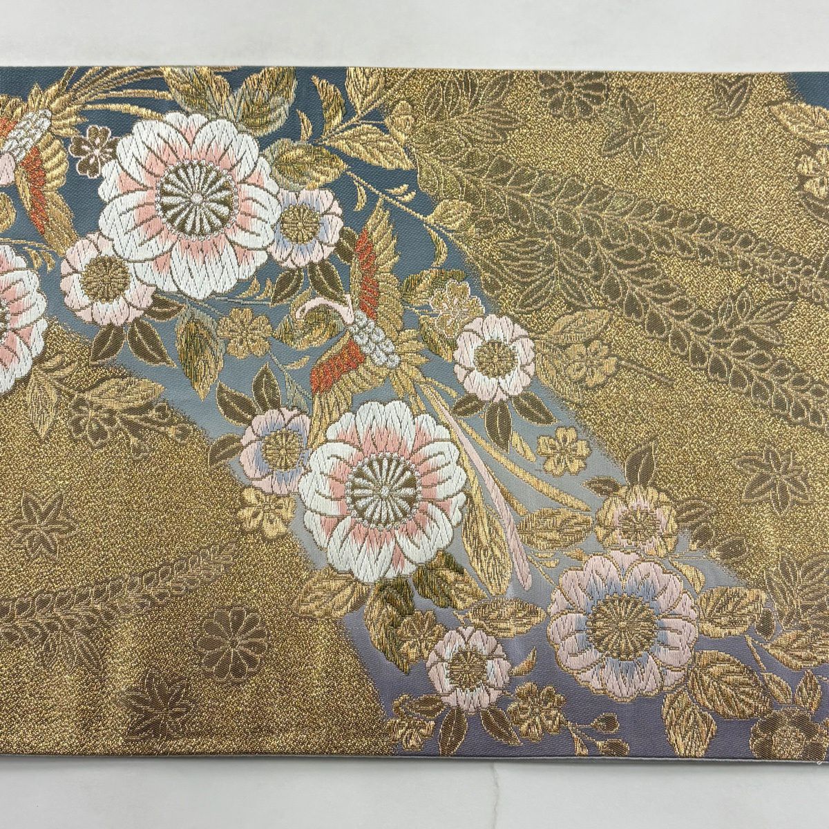 袋帶 秀品級 櫻花 鳳凰 唐織 金金箔 青灰 深藍色 六通 純蠶絲
