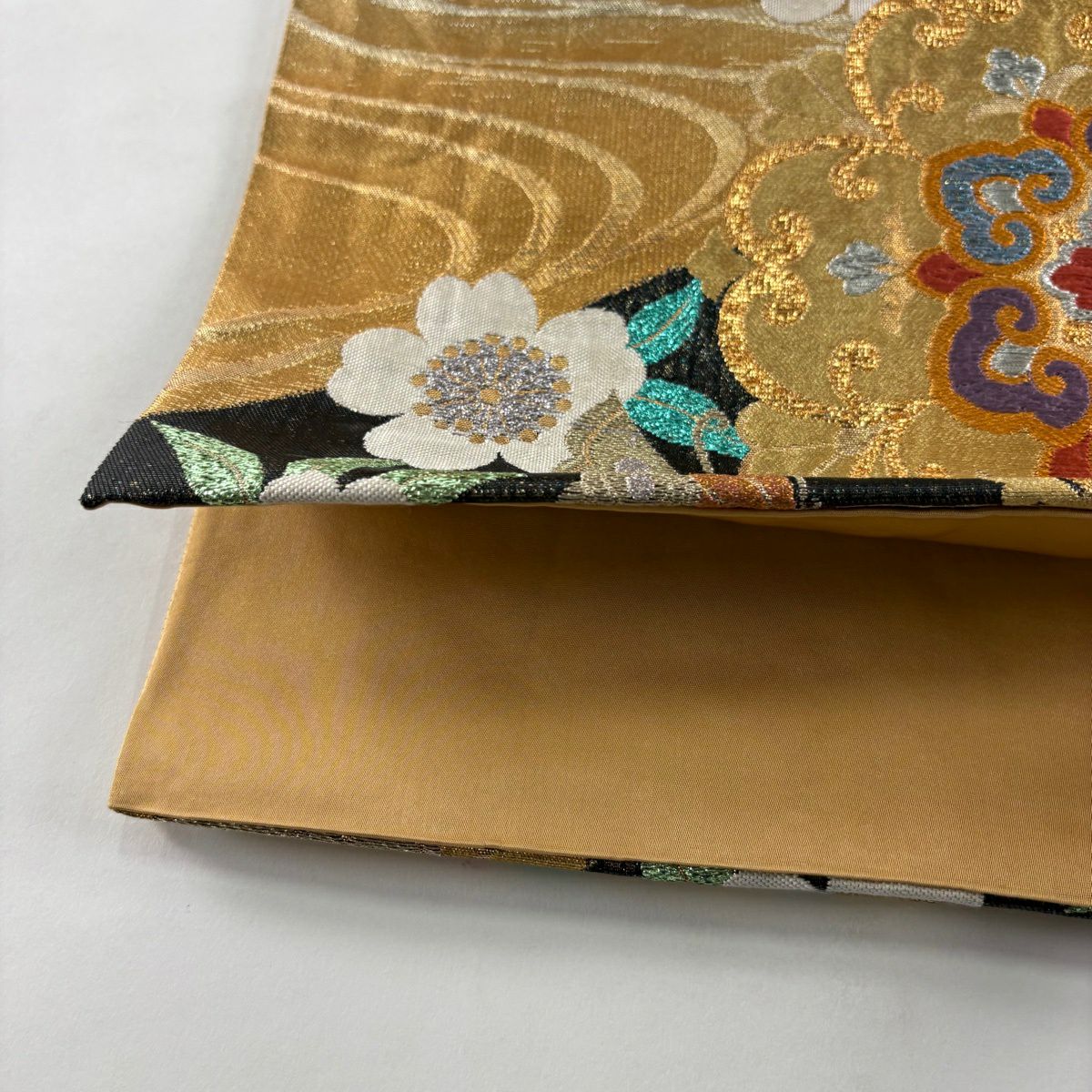 袋帶 秀品級 華紋 蝶 金銀絲 金金箔 金色 全通 純蠶絲