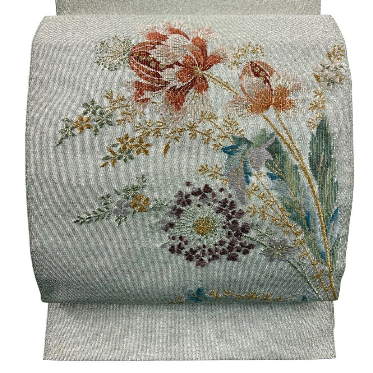 【美品】 名古屋帶 優品級 松樹葉仕立 八寸名古屋帶 草花紋 金銀彩 刺繡 灰白 純蠶絲