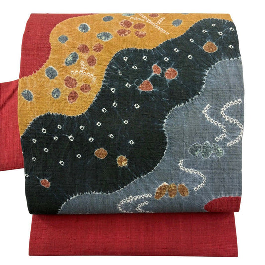 【美品】名古屋帶 秀品級 紬織織 幾何學 絞染 紅 純蠶絲