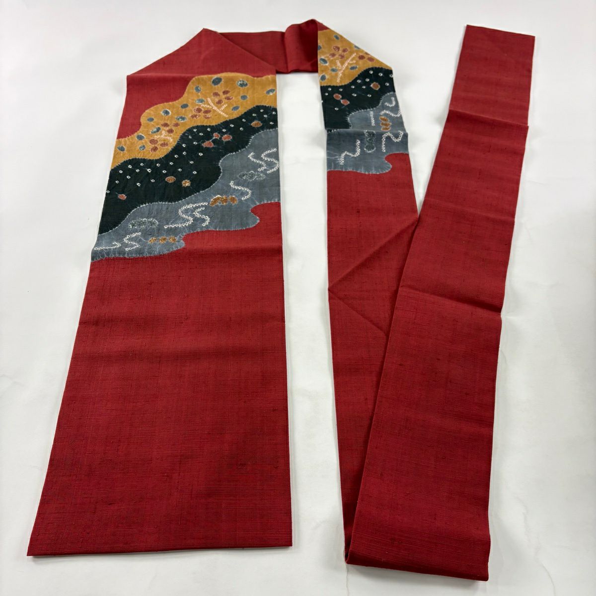【美品】名古屋帶 秀品級 紬織織 幾何學 絞染 紅 純蠶絲