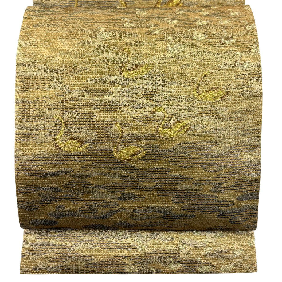 【美品】 袋帶 秀品級 風物詩 白色瓢湖 白鳥 金絲 金金箔 金 六通 純蠶絲