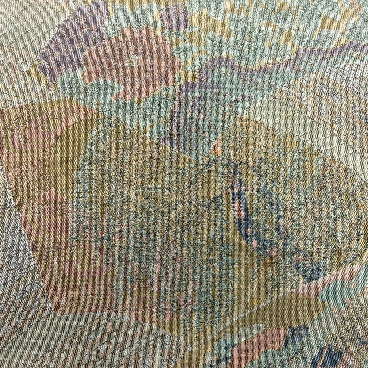 袋帶 秀品級 有落款 萬葉 扇子面 橋 灰色 全通 純蠶絲