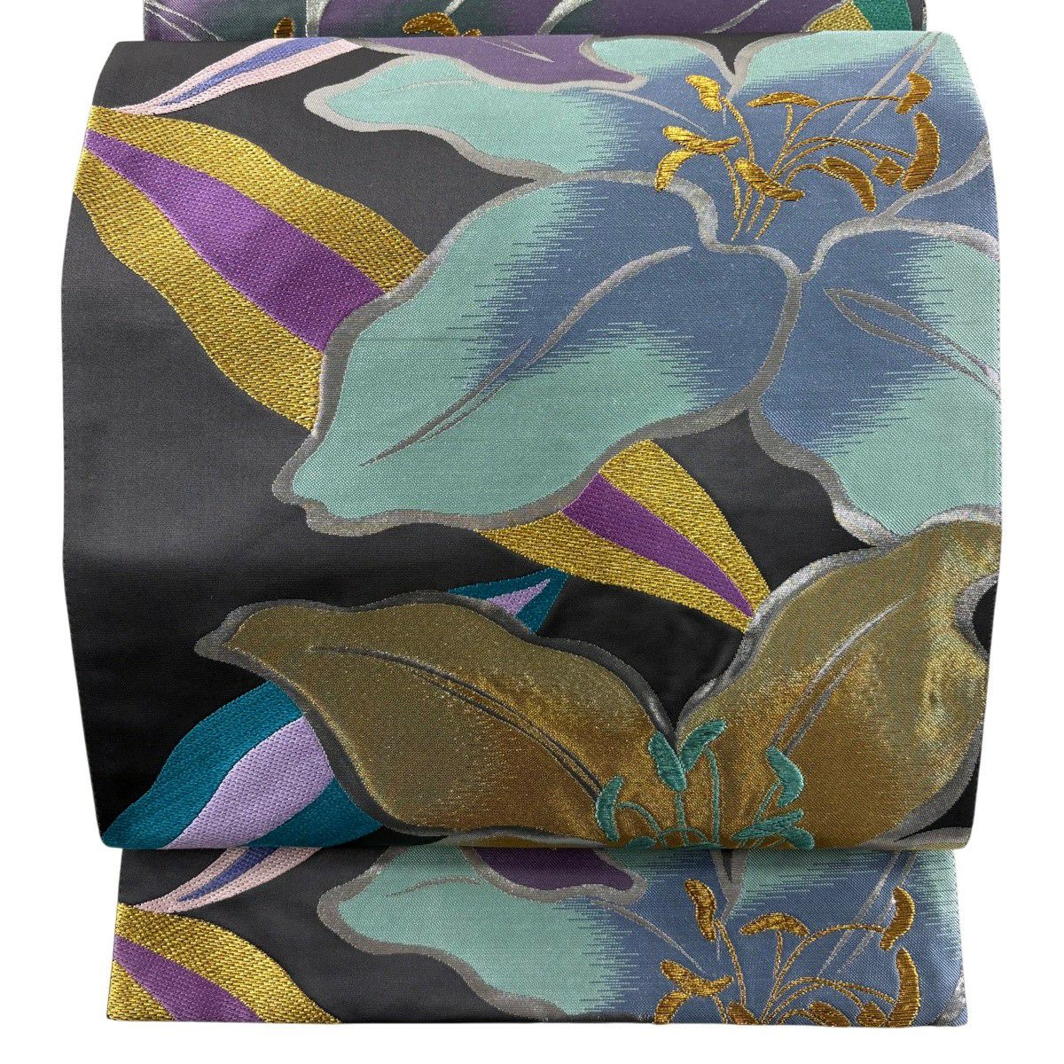 【美品】 袋帶 秀品級 草花紋紋 金糸 金金箔 黑灰 六通 純蠶絲