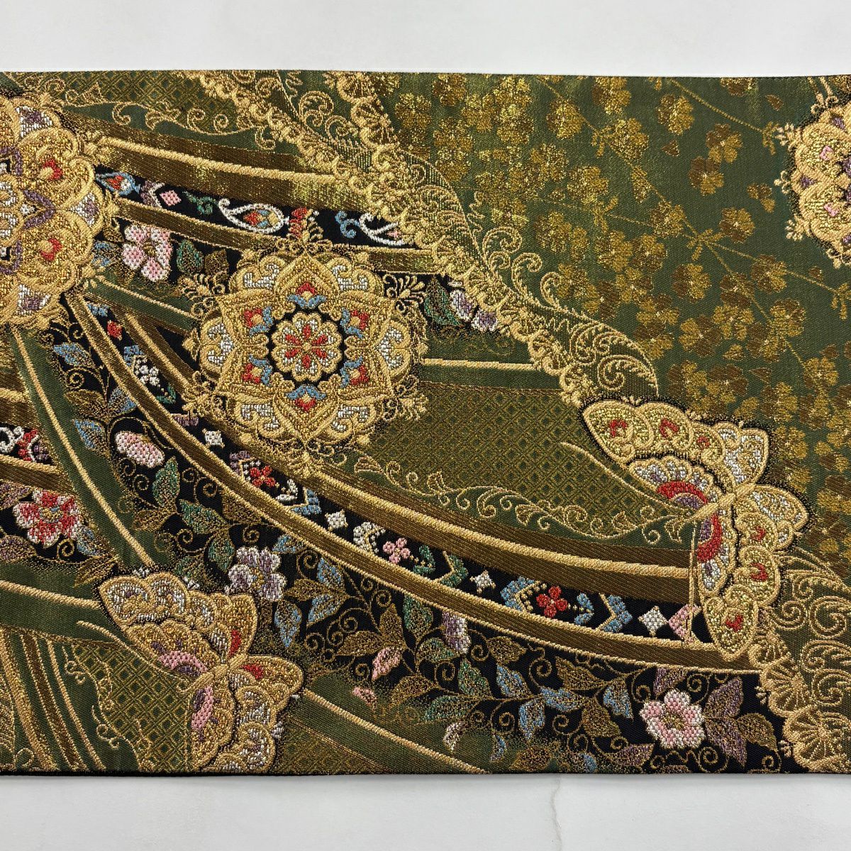 【美品】 袋帶 秀品級 華紋 蝶 金銀彩 金金箔 綠 六通 純蠶絲