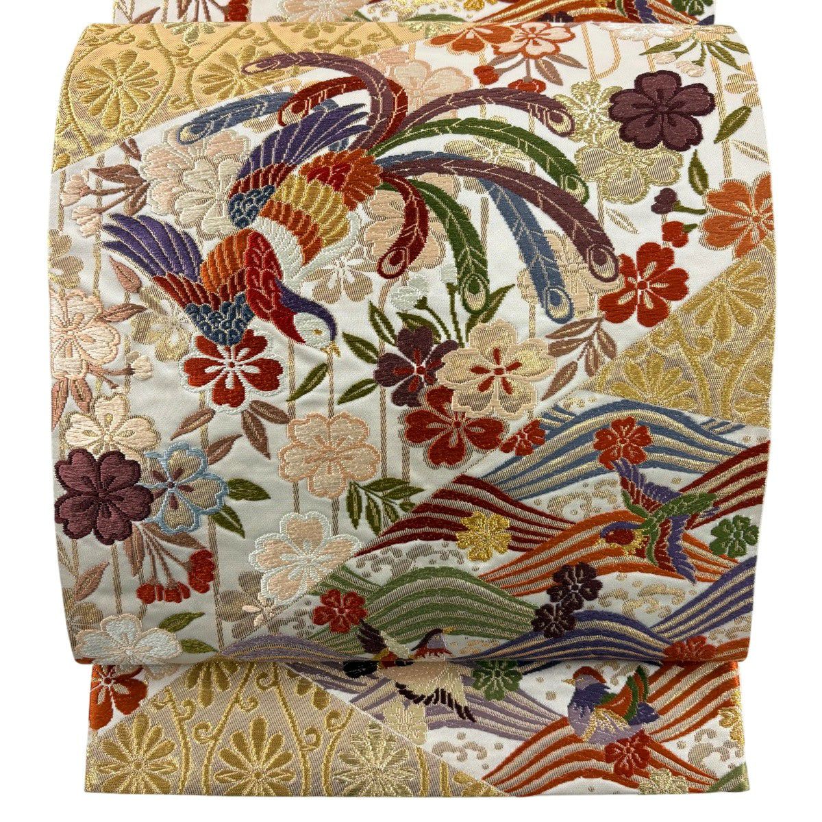 【美品】 袋帶 秀品級 鳳凰 垂枝櫻 金絲 金金箔 奶油 六通 純蠶絲