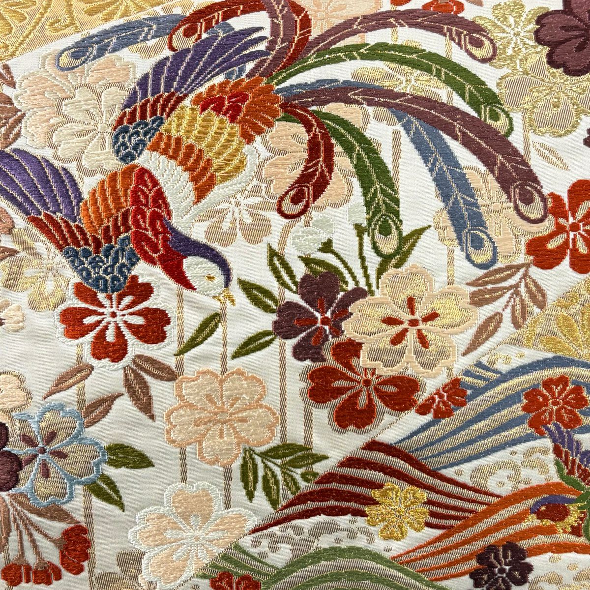 【美品】 袋帶 秀品級 鳳凰 垂枝櫻 金絲 金金箔 奶油 六通 純蠶絲