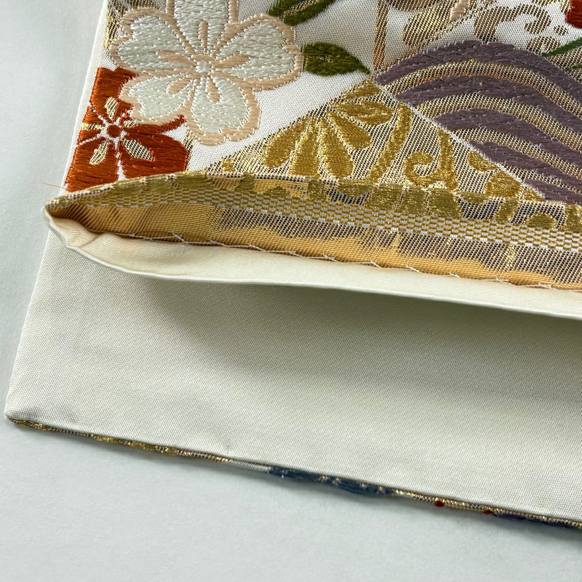 【美品】 袋帶 秀品級 鳳凰 垂枝櫻 金絲 金金箔 奶油 六通 純蠶絲