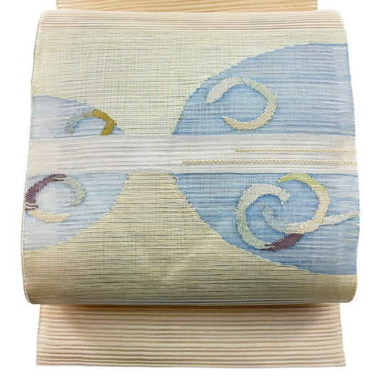 【美品】名古屋帶 秀品級 夏帶 絽 八寸名古屋帶 幾何學 縞 金銀彩 米色 純蠶絲