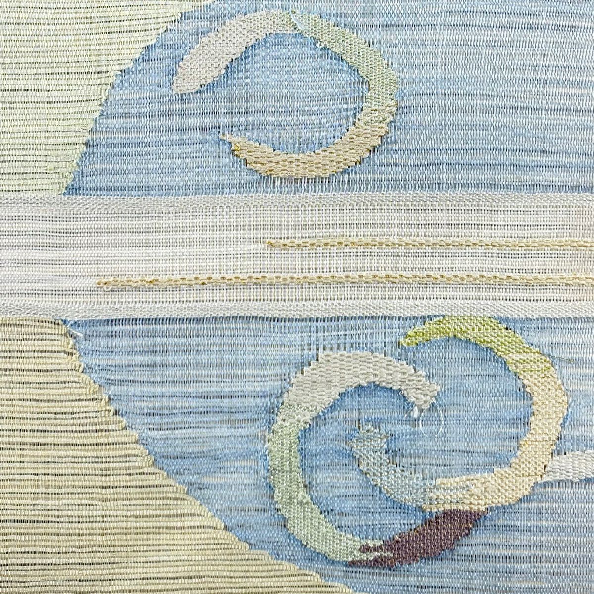 【美品】名古屋帶 秀品級 夏帶 絽 八寸名古屋帶 幾何學 縞 金銀彩 米色 純蠶絲