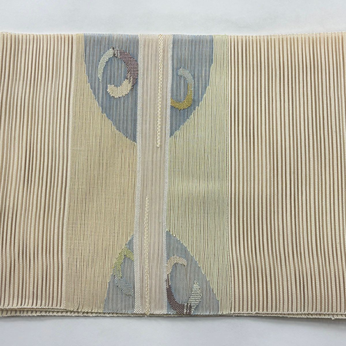 【美品】名古屋帶 秀品級 夏帶 絽 八寸名古屋帶 幾何學 縞 金銀彩 米色 純蠶絲