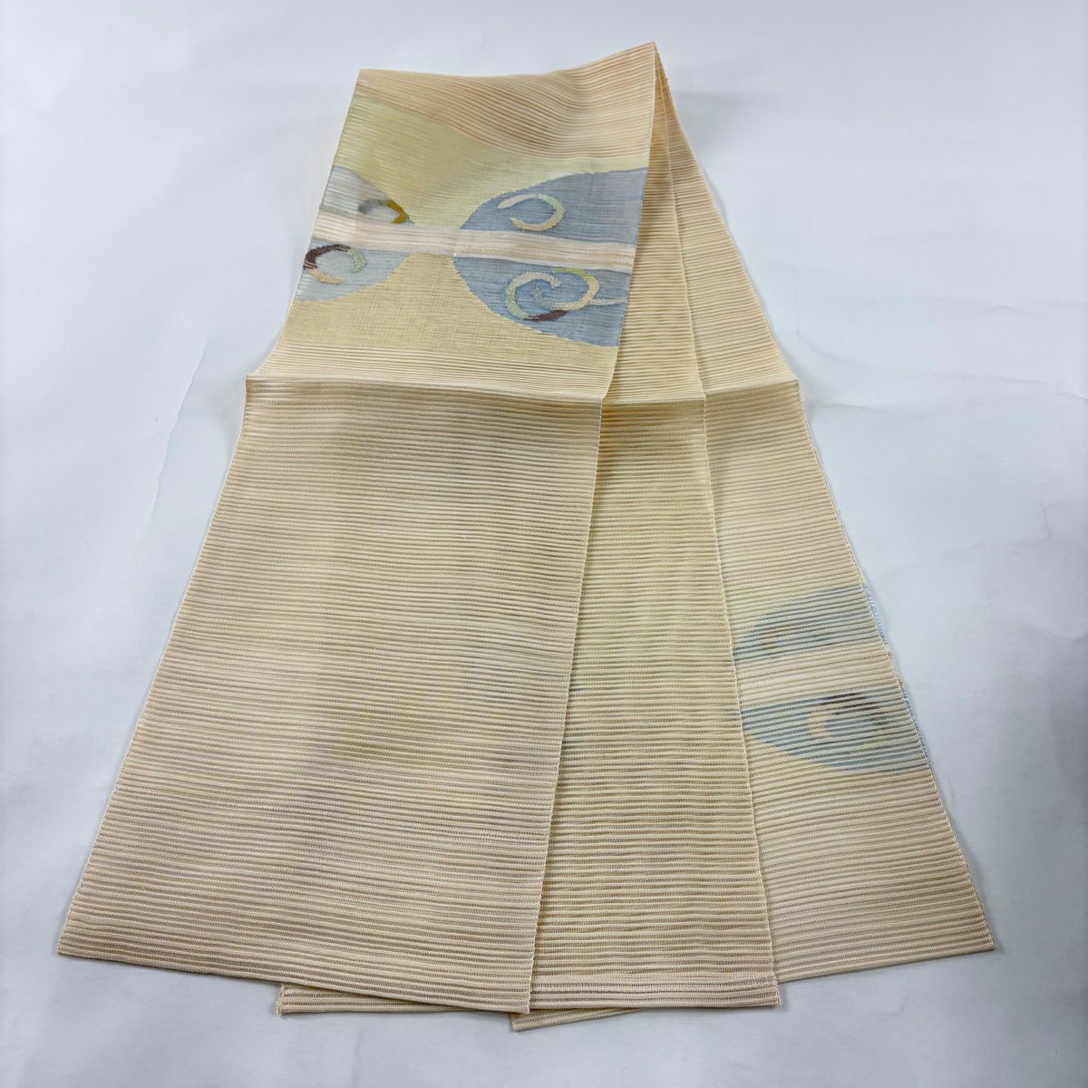 【美品】名古屋帶 秀品級 夏帶 絽 八寸名古屋帶 幾何學 縞 金銀彩 米色 純蠶絲